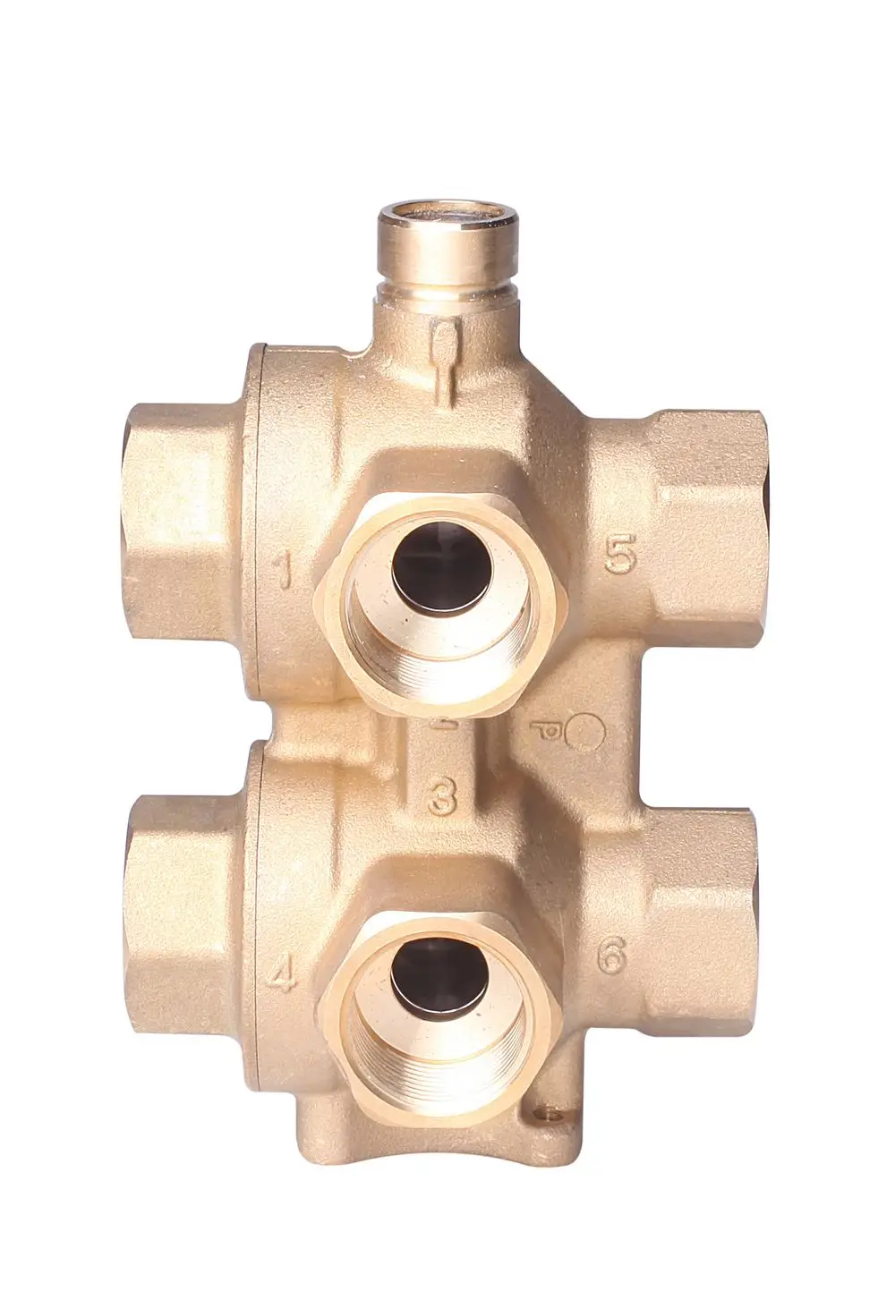 Motorumschaltventil von Danfoss in Goldfarbe mit mehreren Anschlussmöglichkeiten zur Umschaltung zwischen Heiz- und Kühlkreislauf. Ansicht von der Vorderseite.