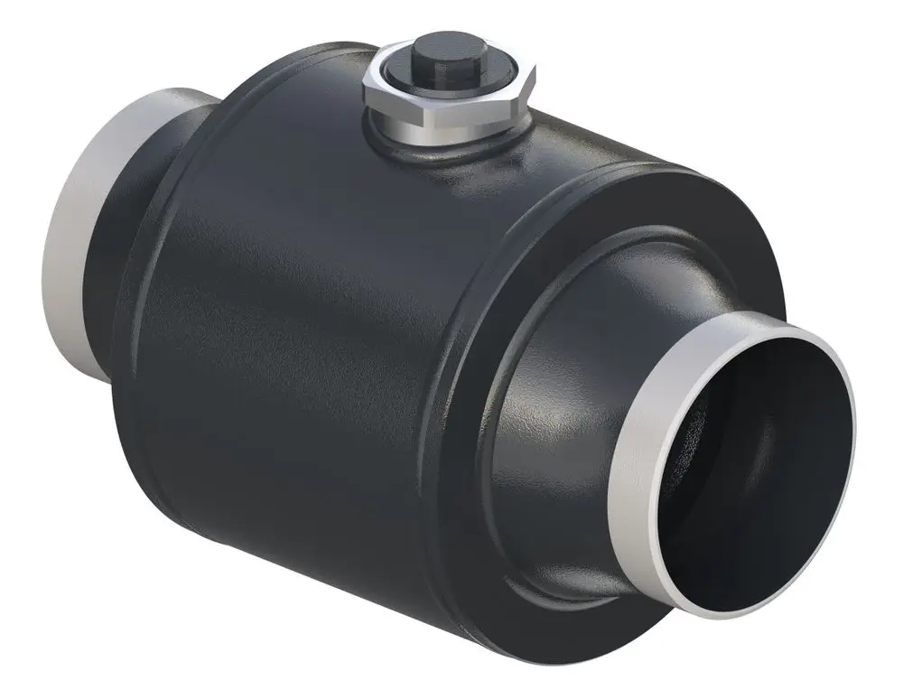 Danfoss Kugelhahn, typisches Design mit zwei offenen Enden, entwickelt für den Einsatz in Rohrleitungssystemen zur Steuerung des Durchflusses.