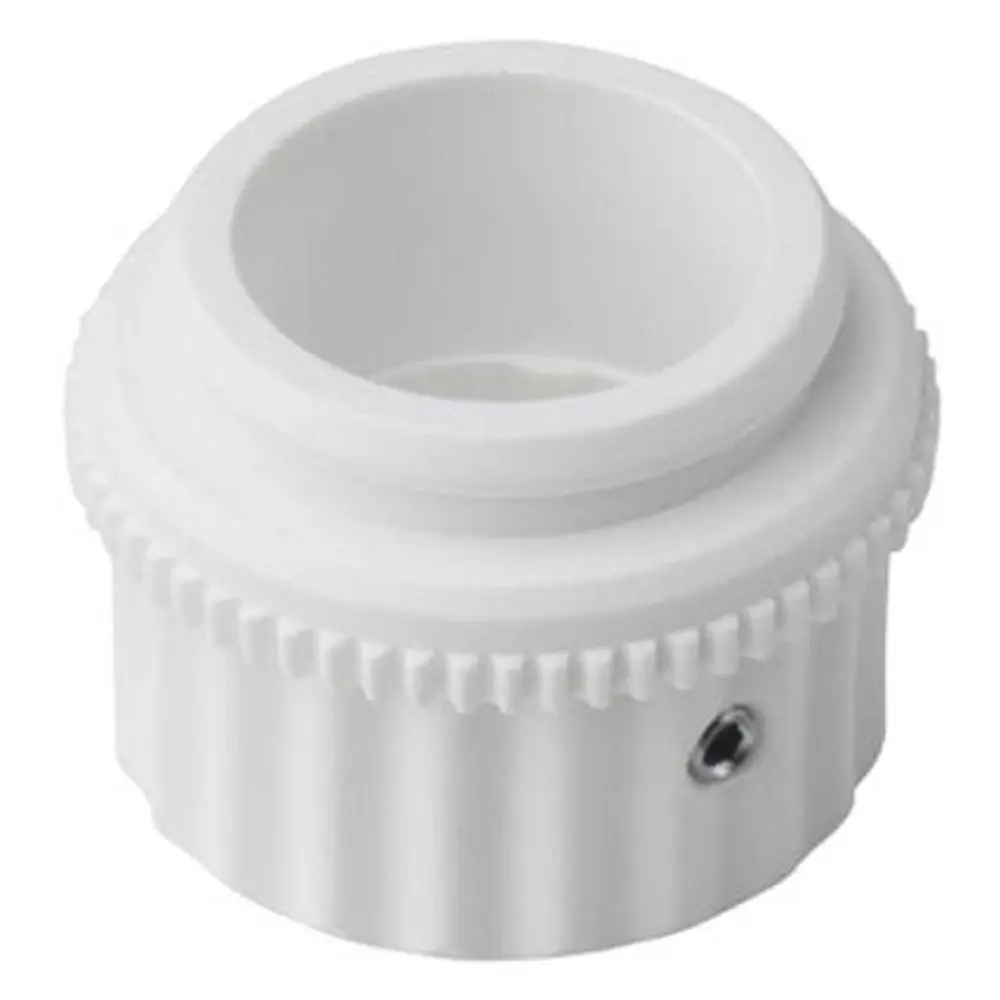 Weißer Adapter mit geriffeltem Rand und einer Öffnung in der Mitte, passend für Danfoss Ventilanpassungen.