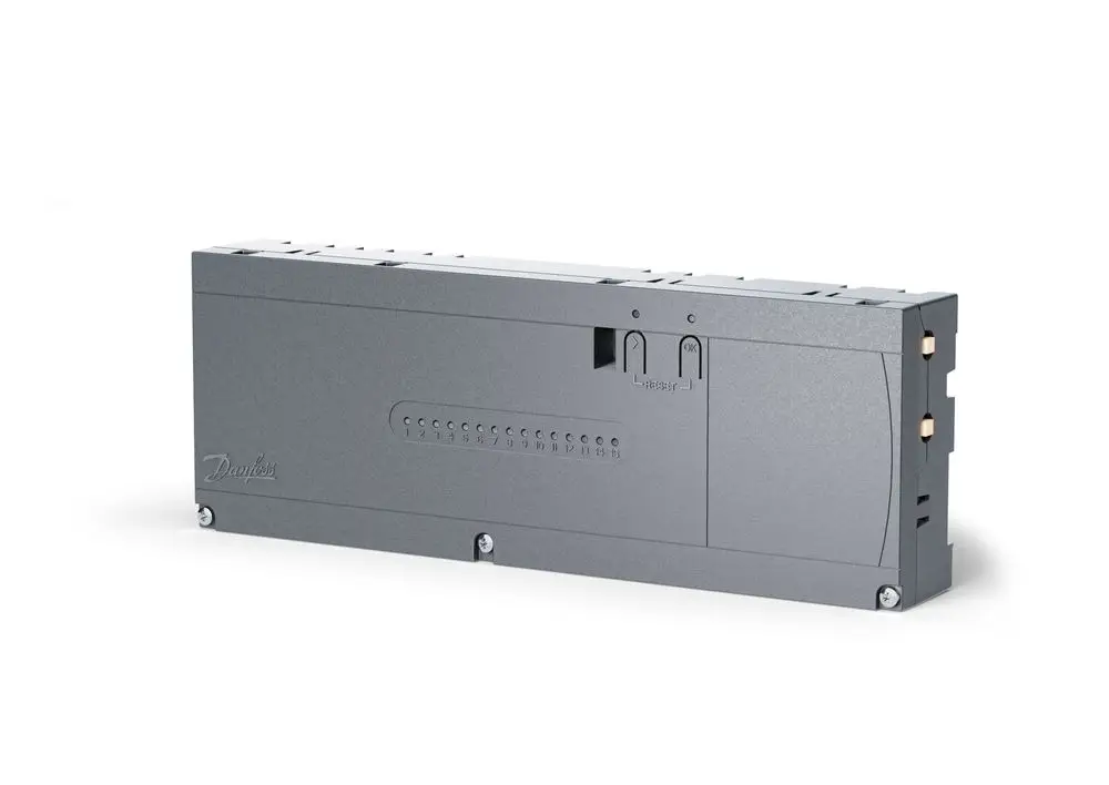 Grauer Hauptregler von Danfoss mit mehreren Einstellmöglichkeiten auf der Vorderseite. Die Bauform ist schlank und kompakt, geeignet für verschiedene Heizsysteme.