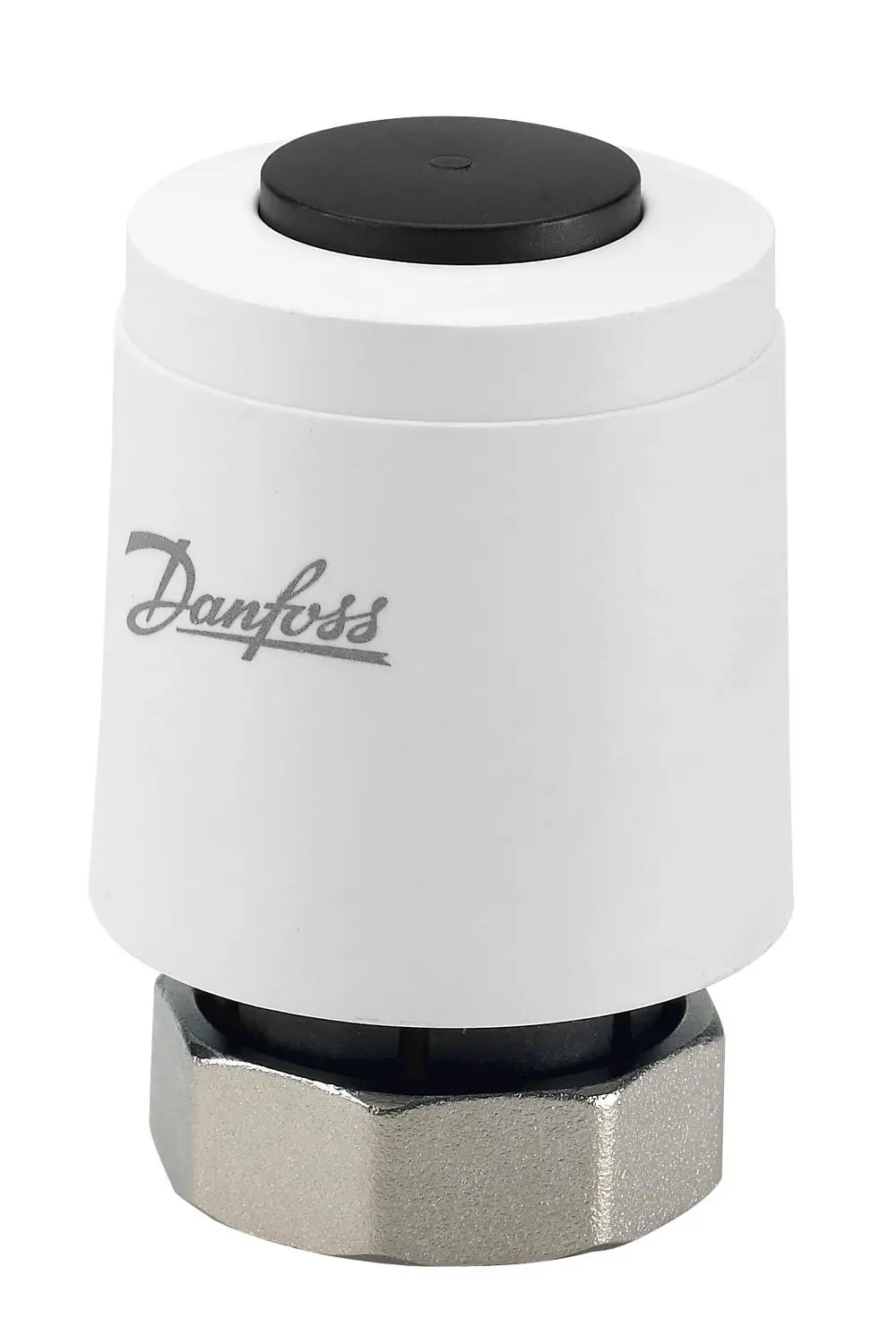 Thermischer Stellantrieb von Danfoss mit weißem Gehäuse und schwarzem Taster, geeignet für Ventile. Das untere Ende hat eine Metallbefestigung.