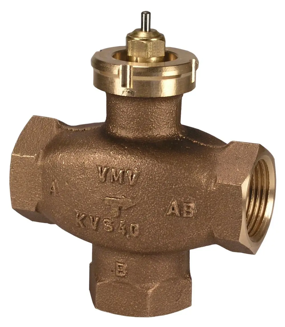 Bronzene 3-Wege-Mischventil von Danfoss mit verschiedenen Anschlüssen und einem zentralen Steuermechanismus. Ideal für Heizungs- und Kühlanwendungen.
