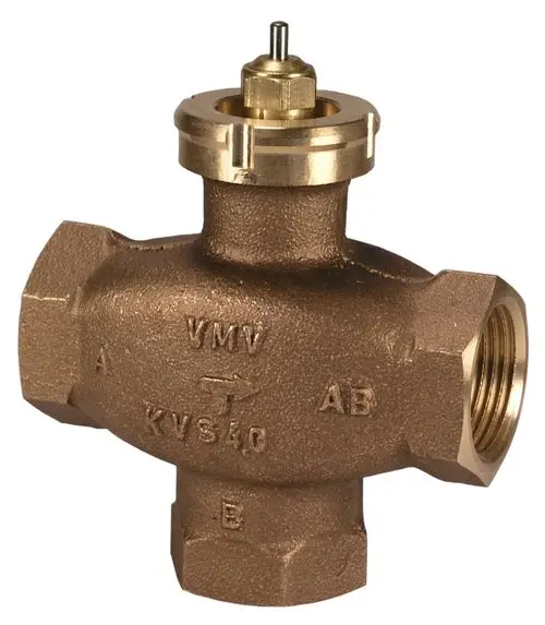 Bronzene 3-Wege-Mischventil von Danfoss mit verschiedenen Anschlüssen und einem zentralen Steuermechanismus. Ideal für Heizungs- und Kühlanwendungen.