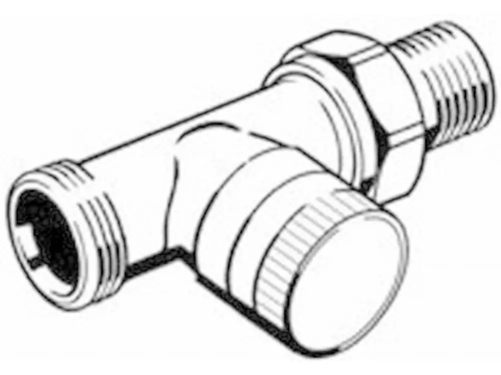 Danfoss Rücklaufverschraubung mit ein- und ausgangseitigen Gewinden. Die Bauform zeigt eine kompakte Verbindungsstelle für Rohrleitungen in Heizungsanlagen.