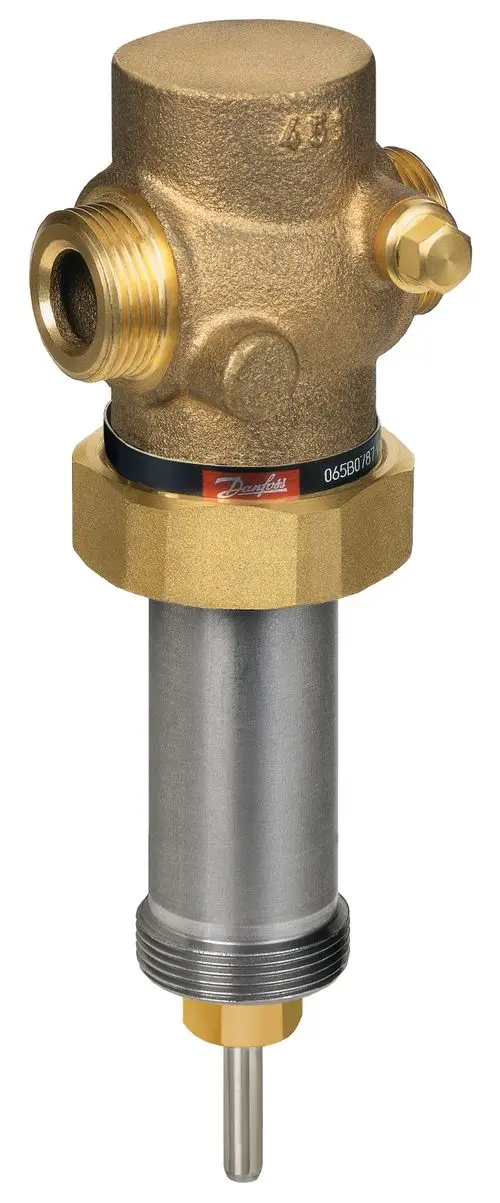 Durchgangsventil aus Messing mit Außengewinde, zwei Anschlüssen, verchromtem Zylinder und Danfoss-Logo, geeignet für Rohrinstallationen in verschiedenen Anwendungen.