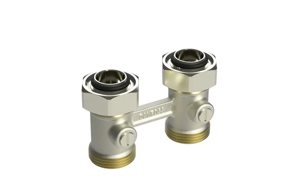 Universalverschraubung von Danfoss mit zwei Anschlüssen, geeignet für Heizungsventile, gefertigt für robuste Verbindungen in Heizungsanwendungen.