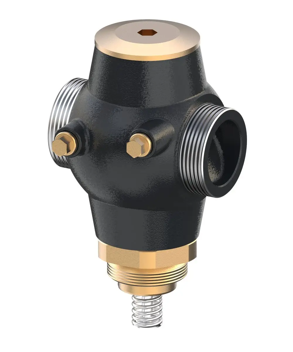 Durchgangsventil mit Außengewinde und mehreren Anschlussmöglichkeiten, gefertigt aus GGG-40,3. Das Produkt trägt die Marke Danfoss.