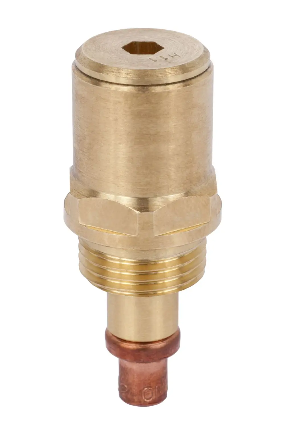 Brass module for thermal disinfection connected to a circulation valve, designed for use with Danfoss systems. Exhibits threaded and hexagonal features for secure installation.