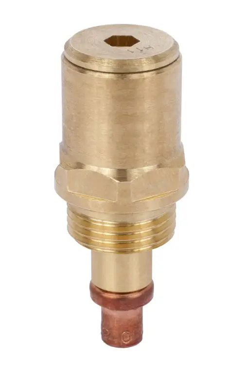 Brass module for thermal disinfection connected to a circulation valve, designed for use with Danfoss systems. Exhibits threaded and hexagonal features for secure installation.