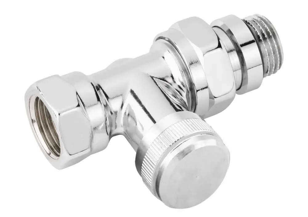 Verchromte Rücklaufverschraubung von Danfoss, mit zwei Anschlussgewinden und einer seitlichen Abzweigung zur Durchleitung von Flüssigkeiten.