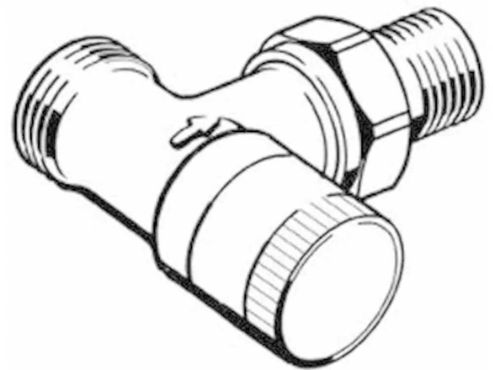 Rücklaufverschraubung von Danfoss, mit Eckform und vernickeltem Finish, zeigt eine Verbindung für Rohrleitungen mit zwei Außengewinden.