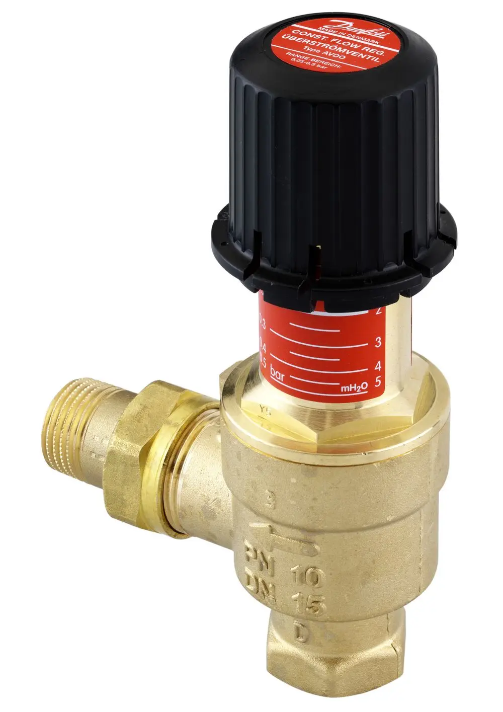 Überströmventil von Danfoss mit einem Druckregler, ausgestattet mit einem schwarz-roten Einstellknopf und Messskala zur Druckanzeige. Gehäuse aus Messing mit Gewindeanschluss.