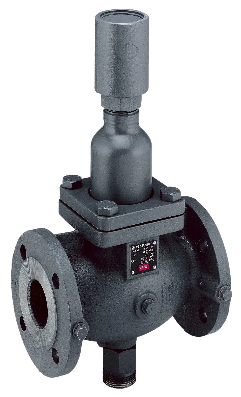 Durchgangsventil mit Flanschanschlüssen und Druckstufe PN16, gefertigt aus Gusseisen, klar unterscheidbare Bauweise, Marke Danfoss.