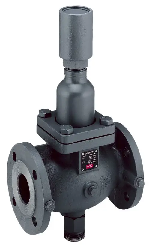 Durchgangsventil mit Flanschanschlüssen und Druckstufe PN16, gefertigt aus Gusseisen, klar unterscheidbare Bauweise, Marke Danfoss.