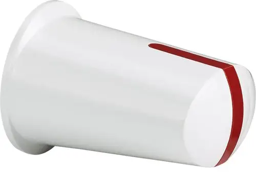 Weißer Knopf mit rot-rotem Streifen, möglicherweise Ersatzteil von Stiebel Eltron, schräg präsentiert auf hellen Untergrund.