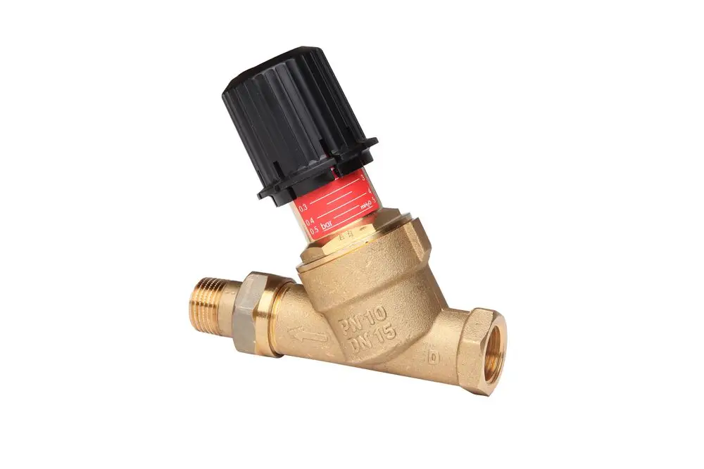 Überströmventil von Danfoss mit einem verstellbaren Druckregler. Es verfügt über Gewindeverbindungen und ist aus Messing gefertigt.