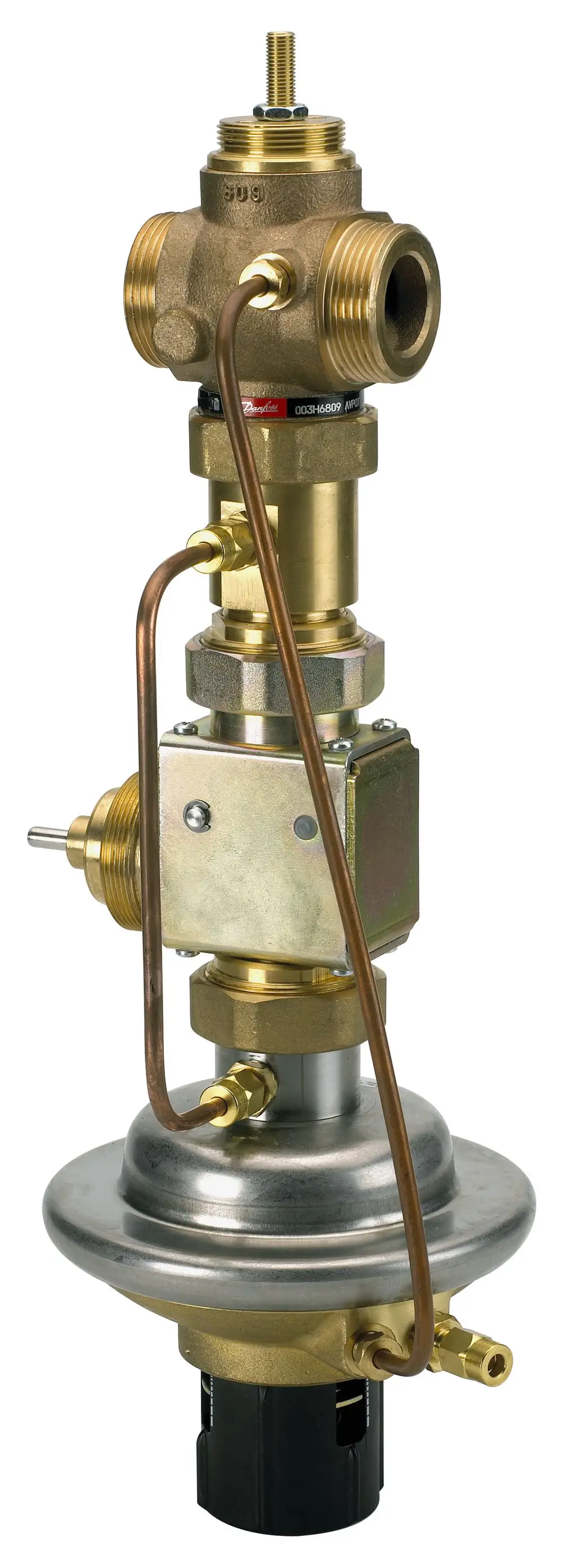 Danfoss-Druckregelventil mit mehreren Verbindungsstellen, metallischen Komponenten und einem Steuermechanismus zur Druckregulierung.