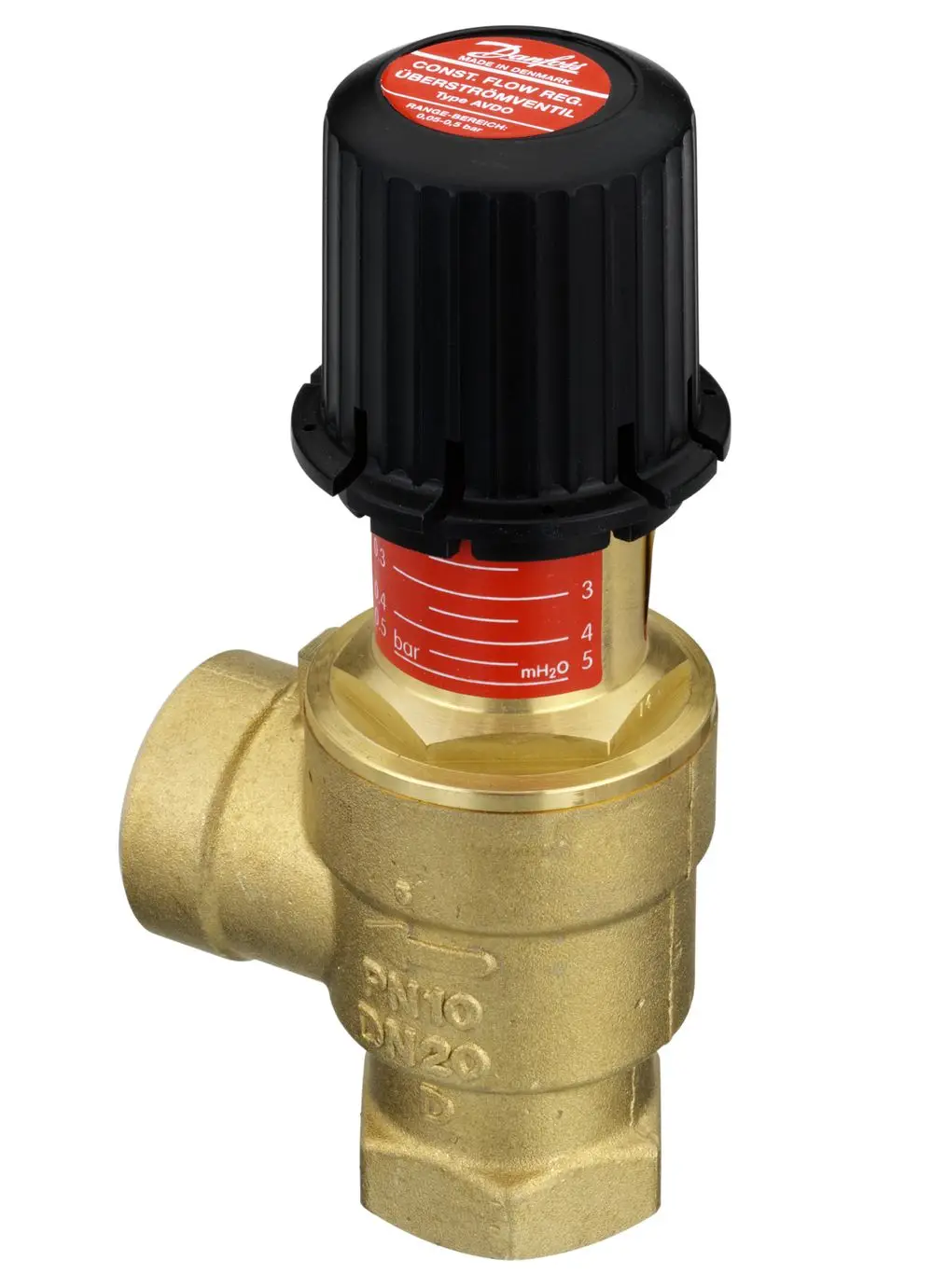 Danfoss Überströmventil mit einem schwarzen Einstellknopf und einer Messskala für Druckanpassungen, aus Messing mit Innen-Muffengewinde und dargestellten Anschlussgrößen.