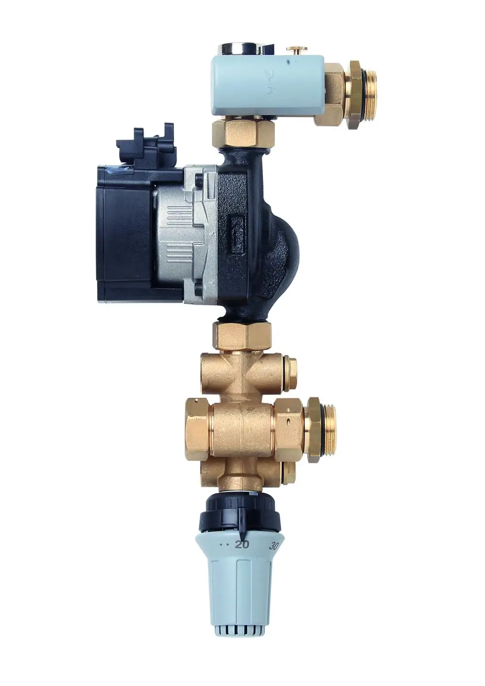 Kompakte Mischgruppe mit drehzahlgeregelter Pumpe, Anschlüssen aus Messing und Regelventil, hergestellt von Danfoss. Geeignet für Anwendungen in der Fußbodenheizung.