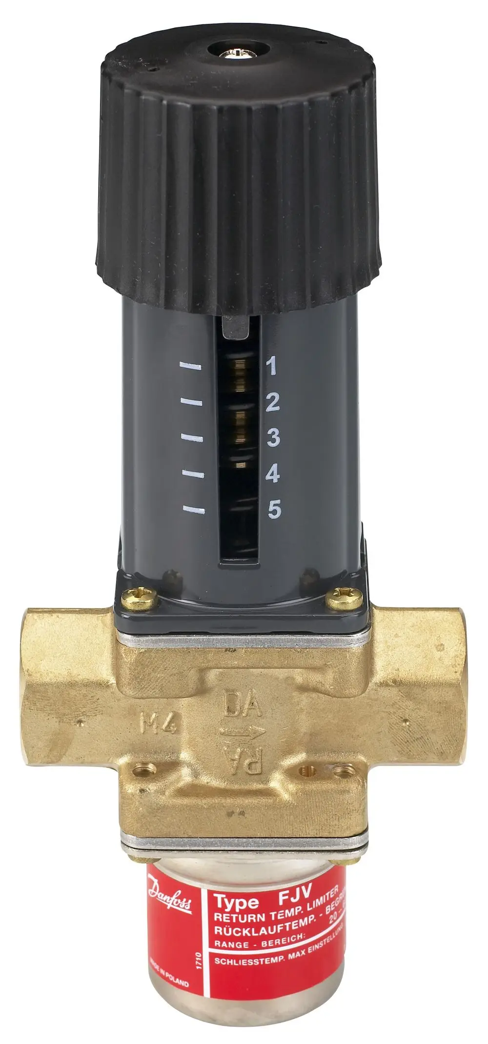 Rücklauftemperaturbegrenzer von Danfoss mit Verstellknopf. Anzeige für Temperatureinstellungen und Anschluss für Rohrleitungen aus Messing.