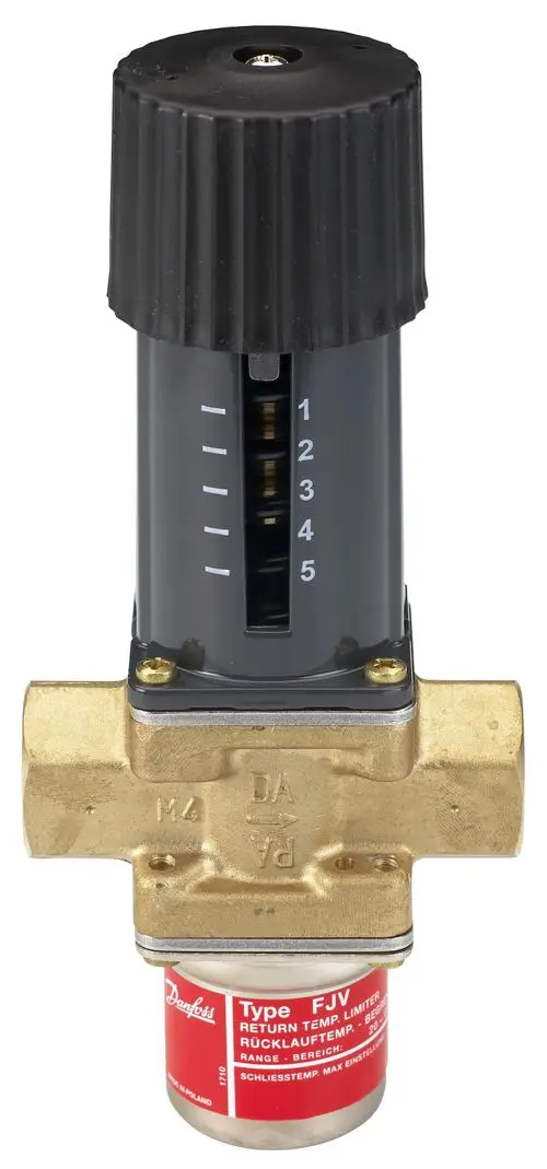 Rücklauftemperaturbegrenzer von Danfoss mit Verstellknopf. Anzeige für Temperatureinstellungen und Anschluss für Rohrleitungen aus Messing.