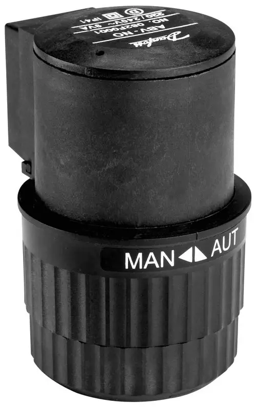 Danfoss elektrischer Stellantrieb mit einem Drehschalter für MAN/AUT. Schwarz, kompakt, geeignet für Heizungsanwendungen. Anschluss für elektrische Steuerung.