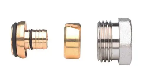 Klemmverbinder aus Messing und Edelstahl, geeignet für Kunststoffrohre. Komponenten von Danfoss zur Verbindung in Rohrsystemen.