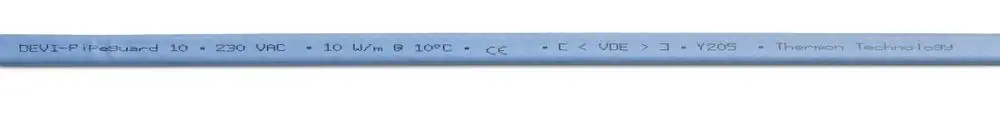 Blaues Heizband von Danfoss mit elektrischer Spannung von 230 VAC und einer Leistung von 10 W/m, klar auf der Oberfläche gekennzeichnet.