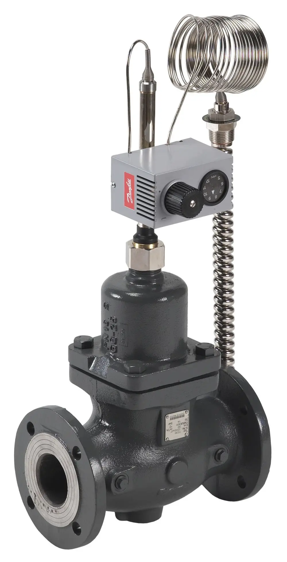 Durchgangsventil mit Flansch, Steuergerät und Spiralsensor, gefertigt aus GGG-40.3, von der Marke Danfoss, zur Regelung von Medienflüssen in Rohrleitungen.