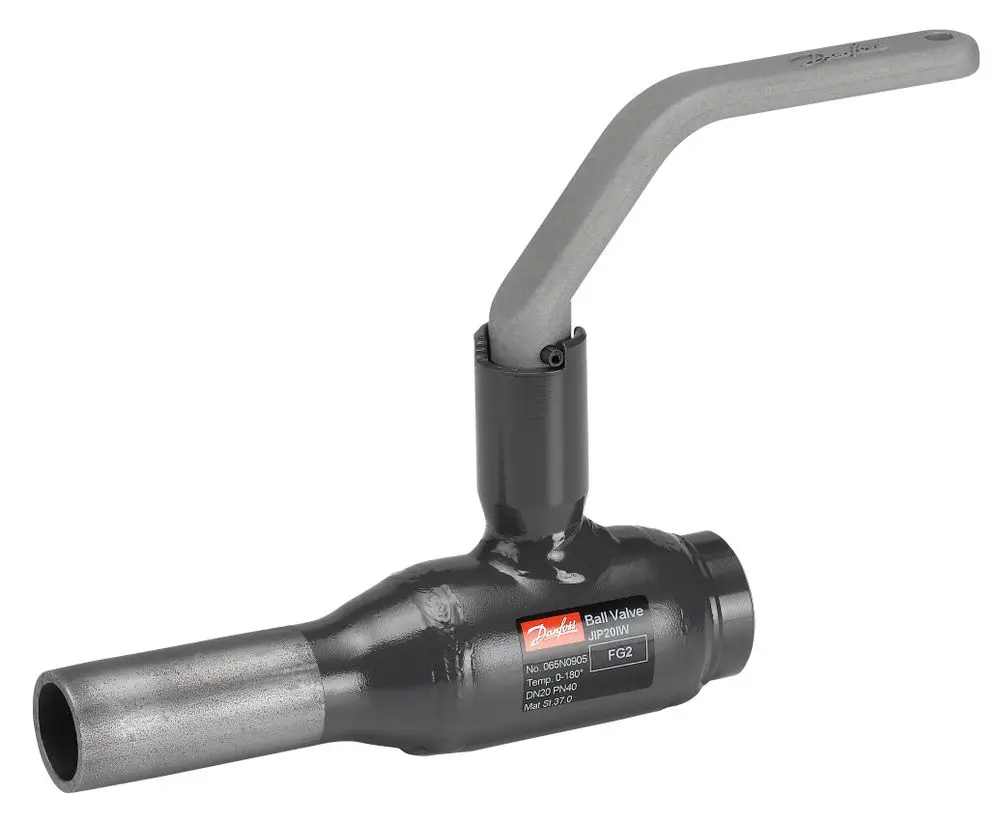Kugelhahn mit grauem Griff und einem Anschluss. Hersteller: Danfoss. Geeignet für Rohrleitungen und Flüssigkeitssteuerung. Typische Anwendung in Industrieanlagen.