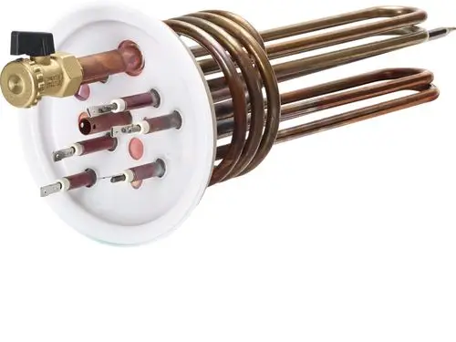 Heizflansch aus Metall mit mehreren Anschlüssen, einer integrierten Ventilsteuerung und Kupferrohren. Stiebel Eltron Ersatzteil für Heizsysteme.