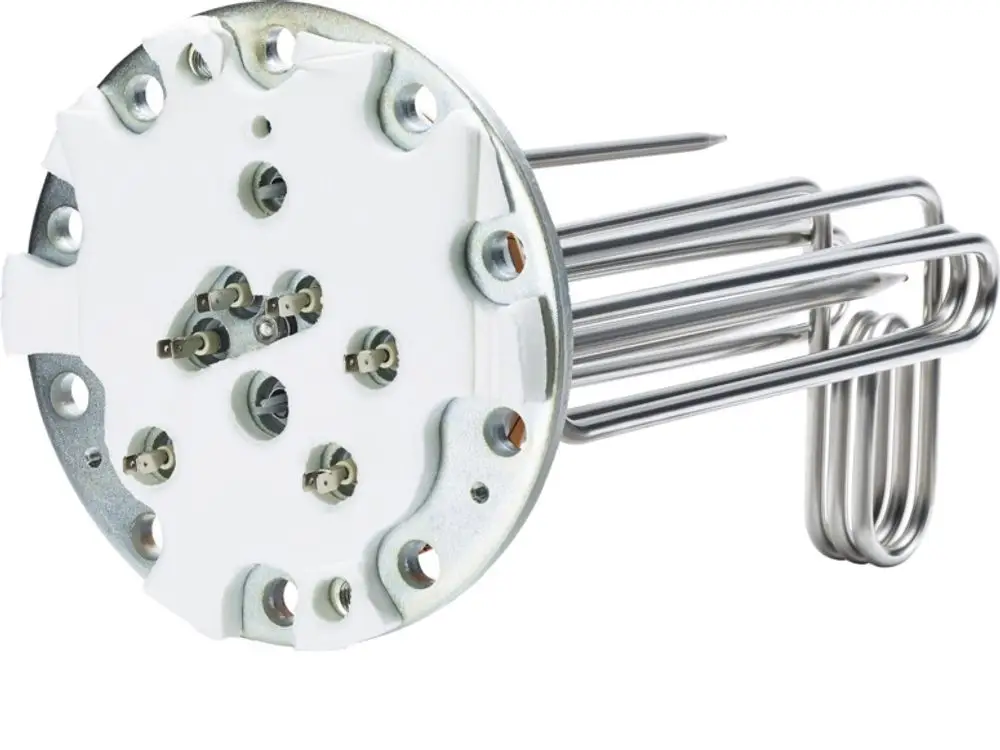 Heizflansch von Stiebel Eltron mit metallischen Halterungen und Verbindungspunkten, zur Integration in ein Heizsystem, zur effizienten Wärmeübertragung.