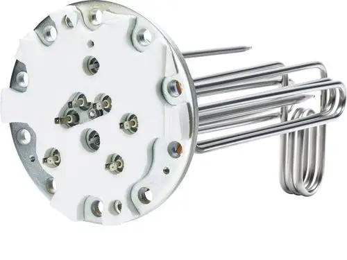 Heizflansch von Stiebel Eltron mit metallischen Halterungen und Verbindungspunkten, zur Integration in ein Heizsystem, zur effizienten Wärmeübertragung.
