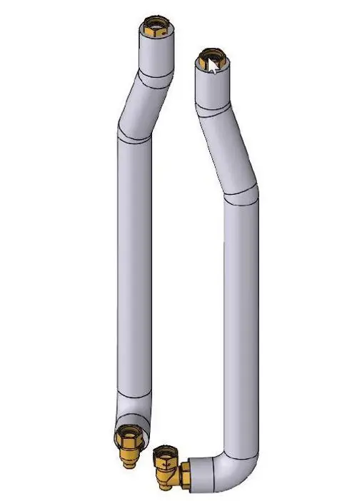 Rohrset von Danfoss, bestehend aus zwei gedämmten Rohren mit Winkeln und Anschlüssen für eine Primärverbindung. Darstellung in isometrischer Projektion.