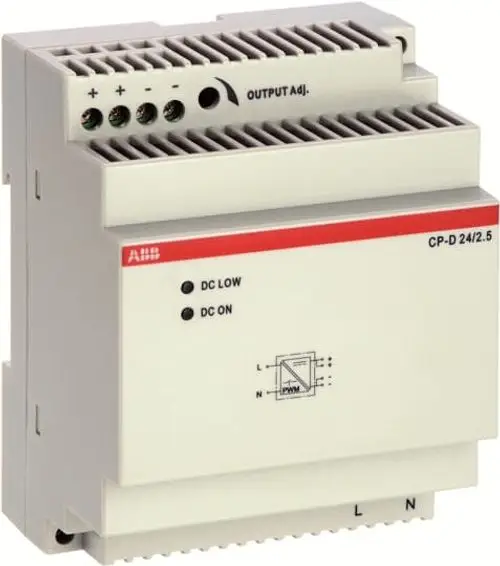 Stromversorgungseinheit in grauer Gehäusefarbe, mit mehreren Anschlussklemmen und Statusanzeigen. Produkt von Danfoss, geeignet für den Einsatz in Heizungs- und Klimaanlagen.