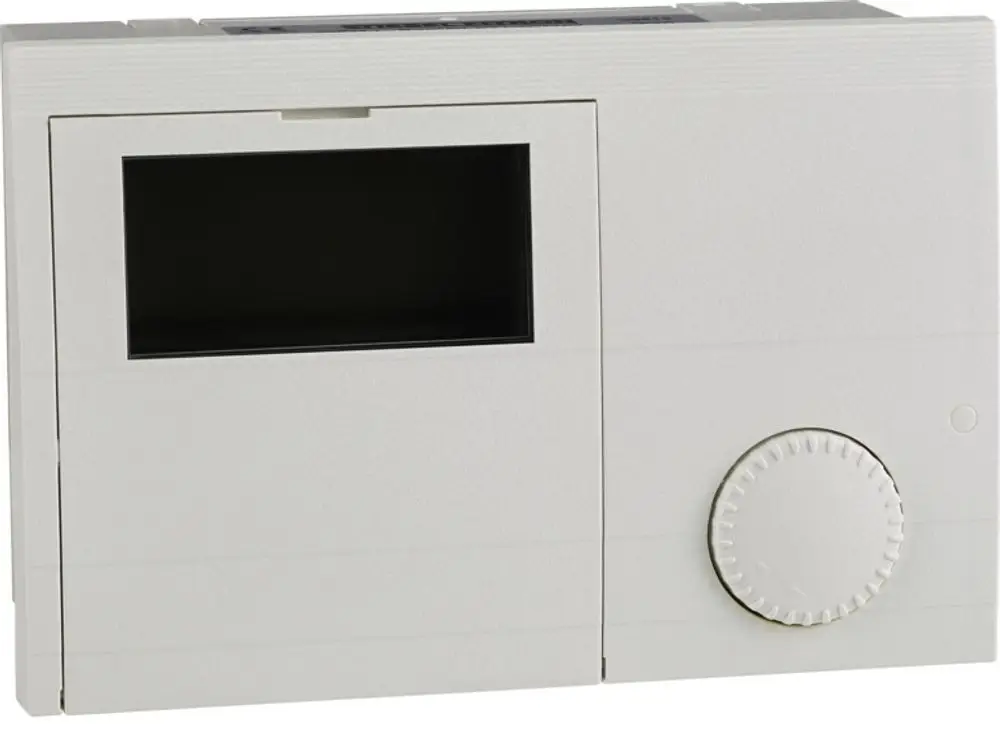 Weißes Steuergerät mit Display und Drehregler, möglicherweise für die Regelung von Wärmepumpen, hergestellt von Stiebel Eltron.