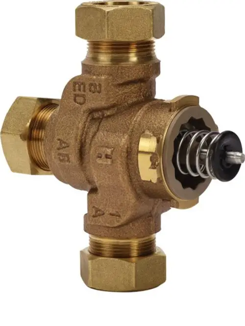 Stiebel Eltron Dreiwegeventil aus Messing mit drei Anschlussgewinden und einer Federmechanik zur Regelung des Wasserflusses.
