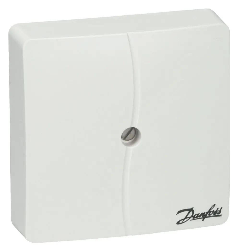 Weißer Außentemperaturfühler von Danfoss mit einer ebenen Oberfläche und einer zentralen Öffnung, montiert auf einem schlichten Hintergrund.
