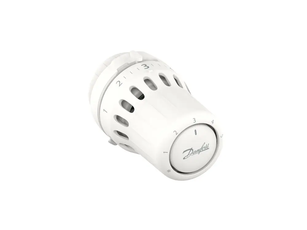 Weißer Thermostatkopf mit markanter Skala von 1 bis 5 und frostgeschütztem Design. Deutliches Logo von Danfoss auf der Vorderseite.