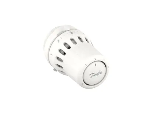 Weißer Thermostatkopf mit markanter Skala von 1 bis 5 und frostgeschütztem Design. Deutliches Logo von Danfoss auf der Vorderseite.