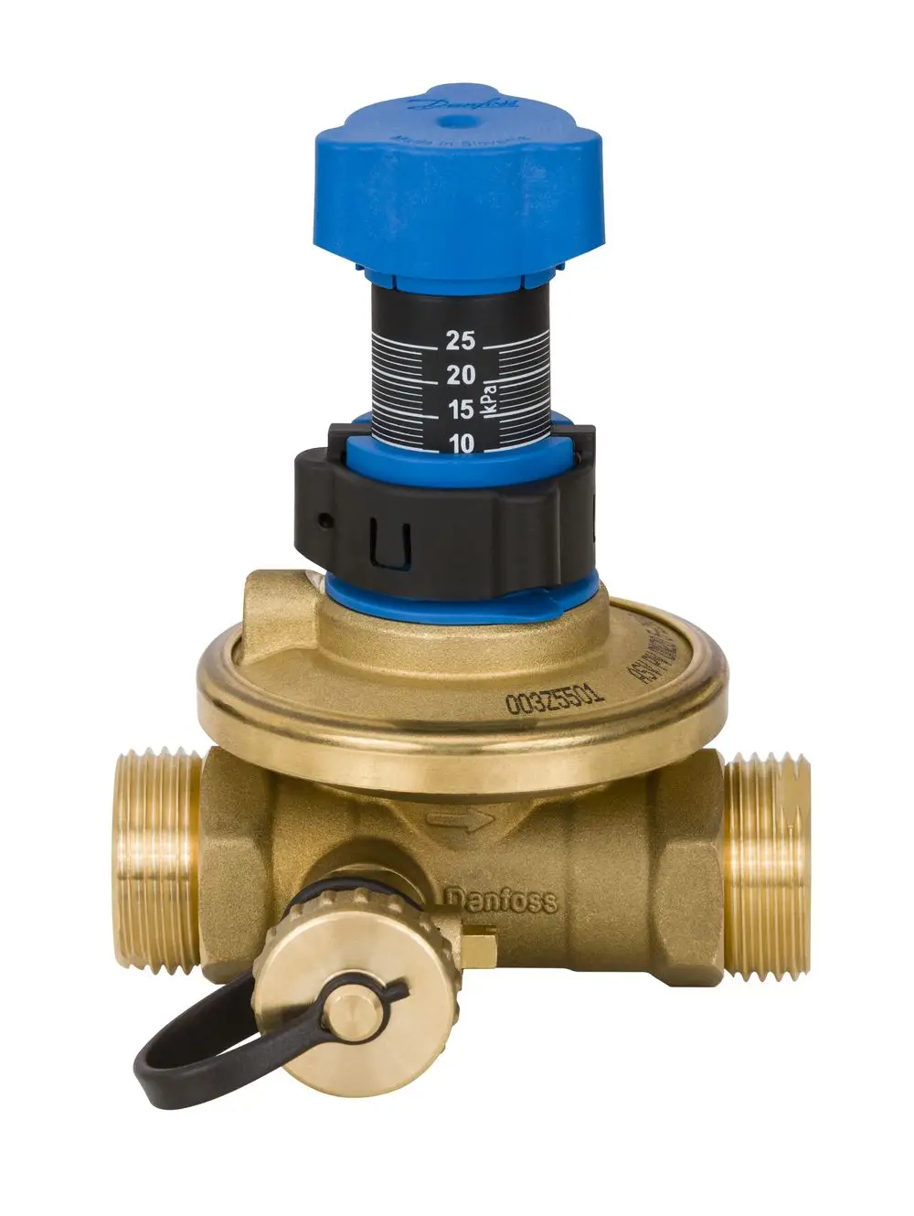 Danfoss Regelventil mit manuellem Einstellknopf und Druckanzeige. Anschlüsse für Rohrleitungen sind sichtbar. Standardisierte Form für hydraulische Systeme.