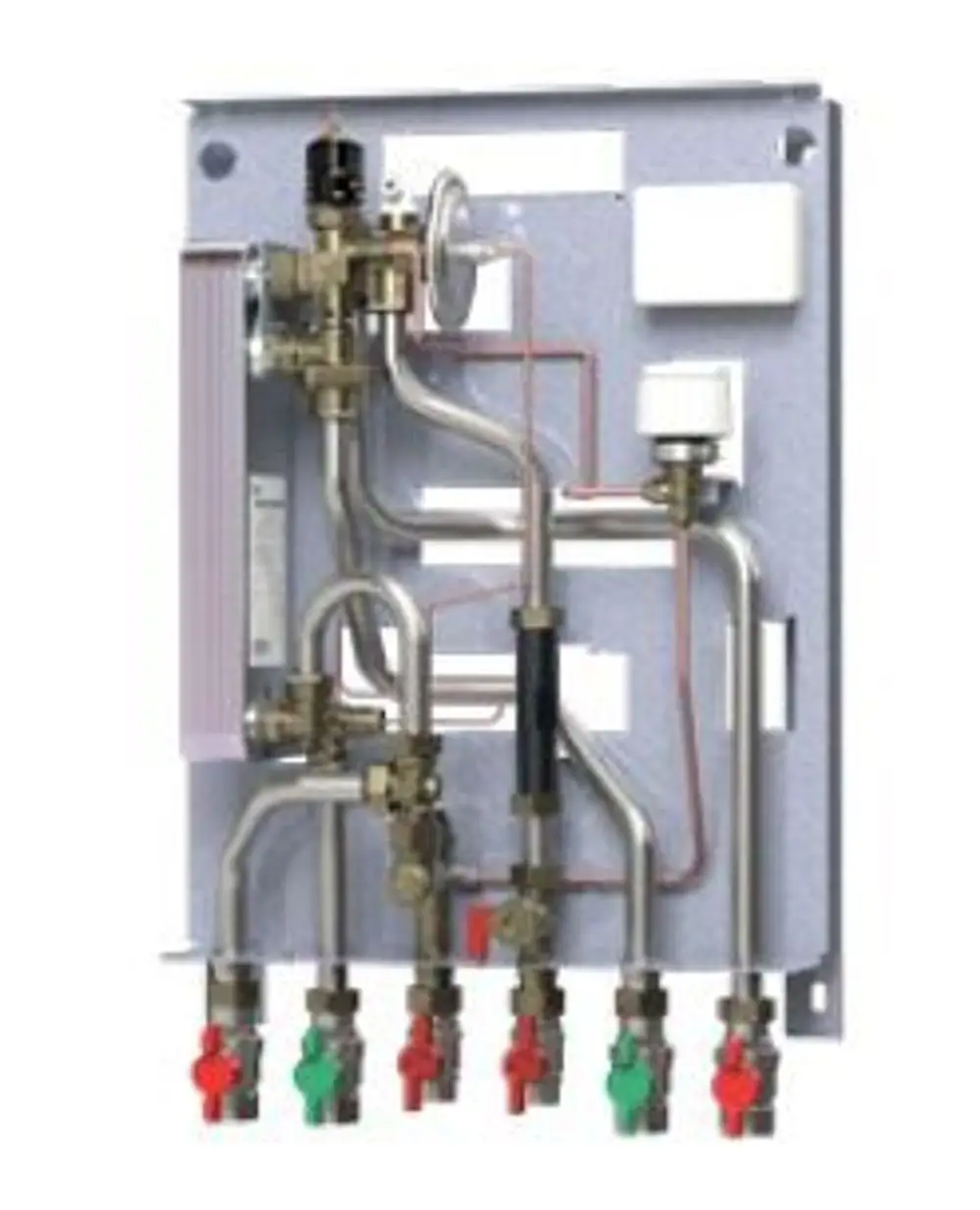 Montageplatte mit mehreren Ventilen und Rohrleitungen zur Regelung von Heizungs- oder Wassersystemen, hergestellt von Danfoss.