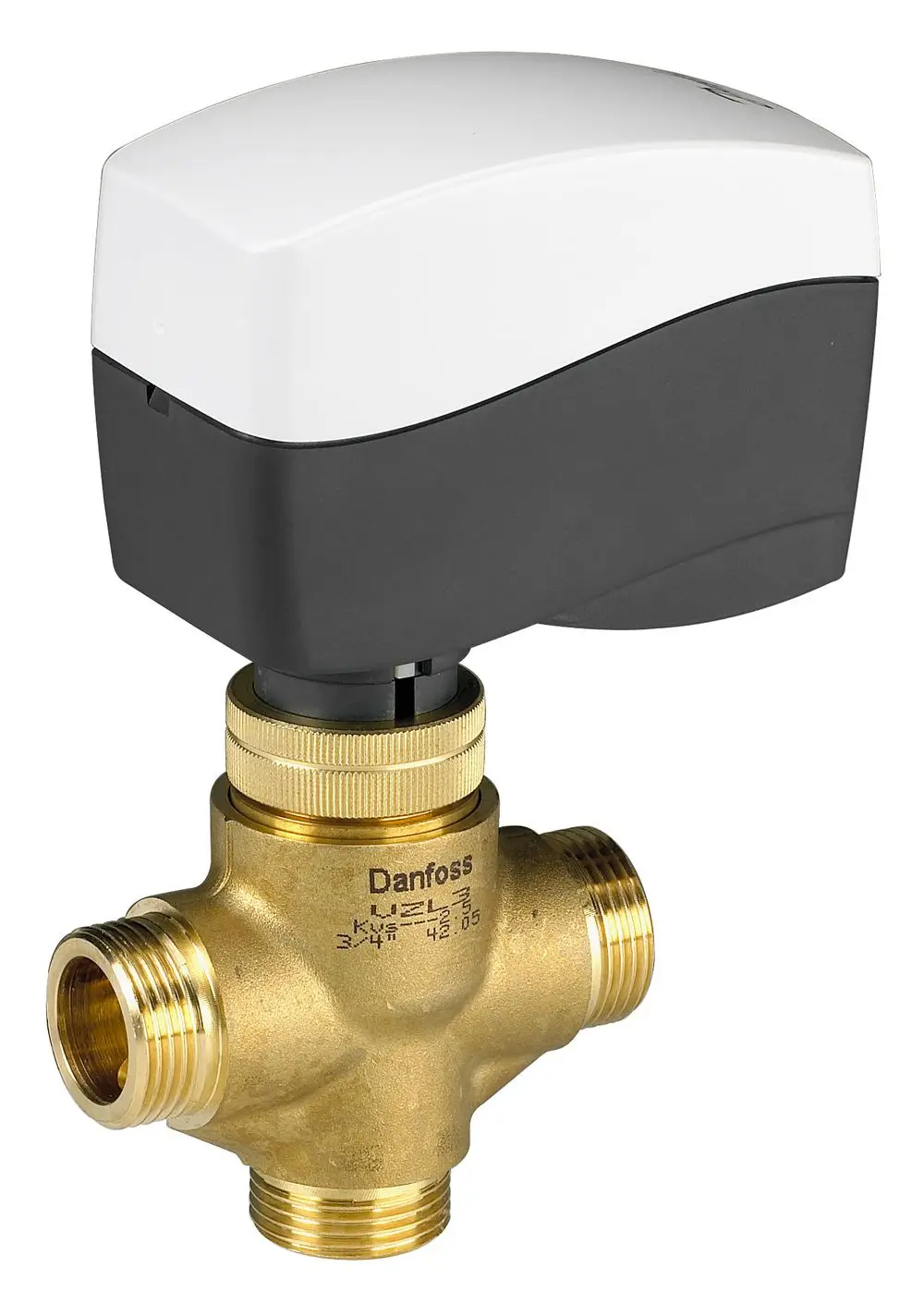 3-Wege-Ventil von Danfoss mit integriertem Antrieb. Metallisches Gehäuse mit mehreren Anschlussgewinden für die Fluidregelung in hydraulischen Systemen.