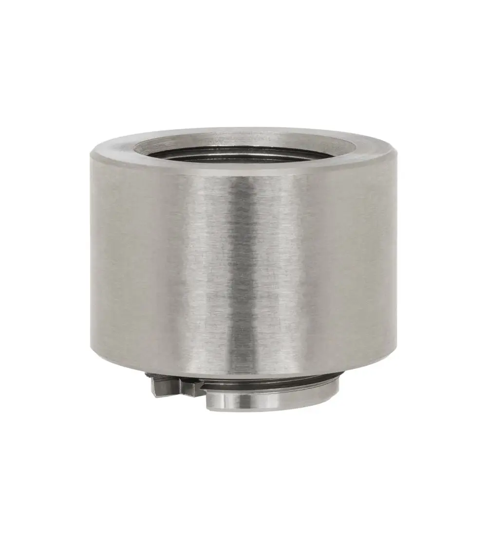 Edelstahlzylinder mit durchgehendem Innengewinde und seitlicher Einkerbung. Tool von Danfoss zur Aktivierung der Spülfunktion bei bestimmten Bauarten.