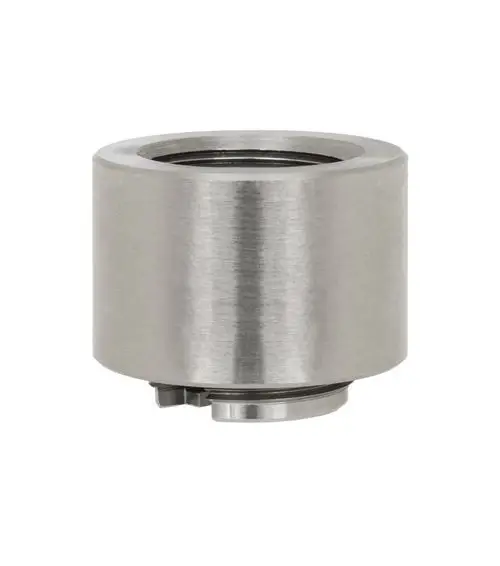 Edelstahlzylinder mit durchgehendem Innengewinde und seitlicher Einkerbung. Tool von Danfoss zur Aktivierung der Spülfunktion bei bestimmten Bauarten.