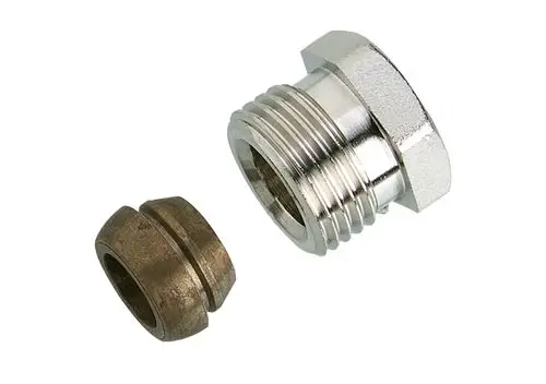 Klemmverbinder mit Außengewinde, geeignet für Stahl- und Kupferrohre, abgebildet in metallic und braun. Herstellermarke Danfoss.