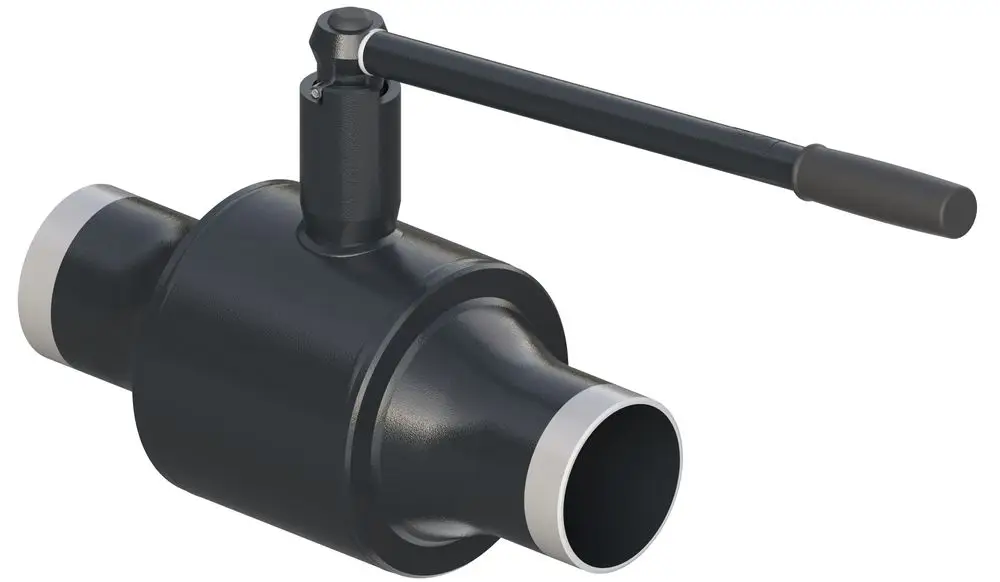 Schwarzer Kugelhahn mit Handhebel und Anschlussstücken, hergestellt von Danfoss. Das Produkt ermöglicht die Regelung von Flüssigkeitsströmen in Rohrsystemen.