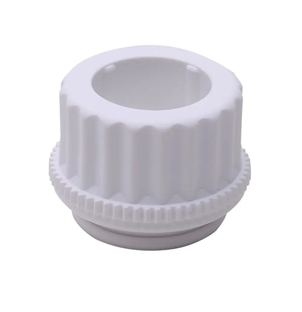 Ventilanschlussadapter in Weiß, hergestellt von Danfoss. Mit runder Öffnung und gewelltem Rand, geeignet für bestimmte Gehäuseanschlüsse.