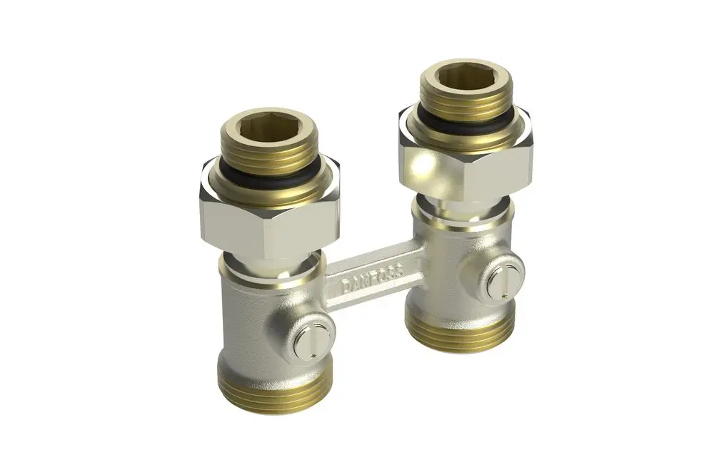 Universalverschraubung von Danfoss mit zwei Anschlüssen, geeignet für Heizungsventile. Metalloberfläche mit abgedichteten Gewindeanschlüssen.