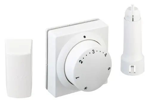 Weißes Danfoss-Ferneinstellelement mit Drehregler und Fernfühler, geeignet zur Temperaturregelung in Heizsystemen.